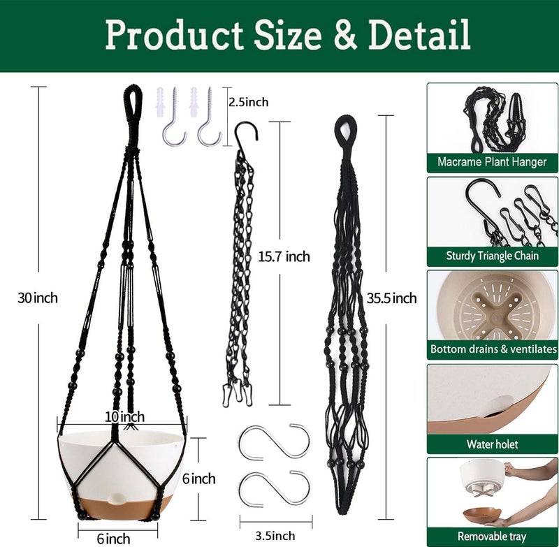 Koalaime Hanging Planter Self Watering 10 Inch, 2 Pack Indoor Outdoor Hanging Baskets, Hanging Flower Pots with Drainage Hole & 2 Kinds of Plant Hangers for Garden Home Decor(Black Hanger - Image 4